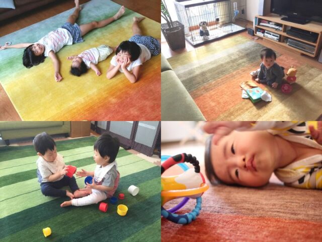 ハグみじゅうたんの上で子供が寝ている写真